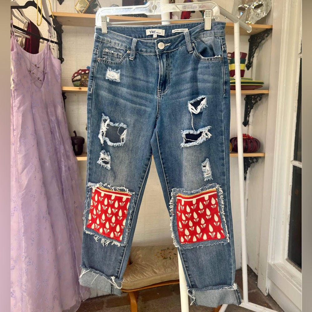 Bohemian Wood Distressed Blue Jeans with Red Patchwork